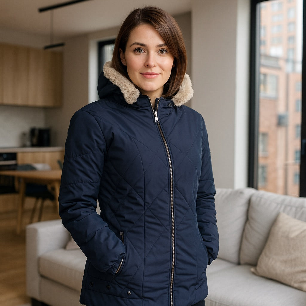 Chaqueta Impermeable para Mujer con capucha: Estilo y Seguridad en un Solo Diseño. Adhara Azul Oscuro