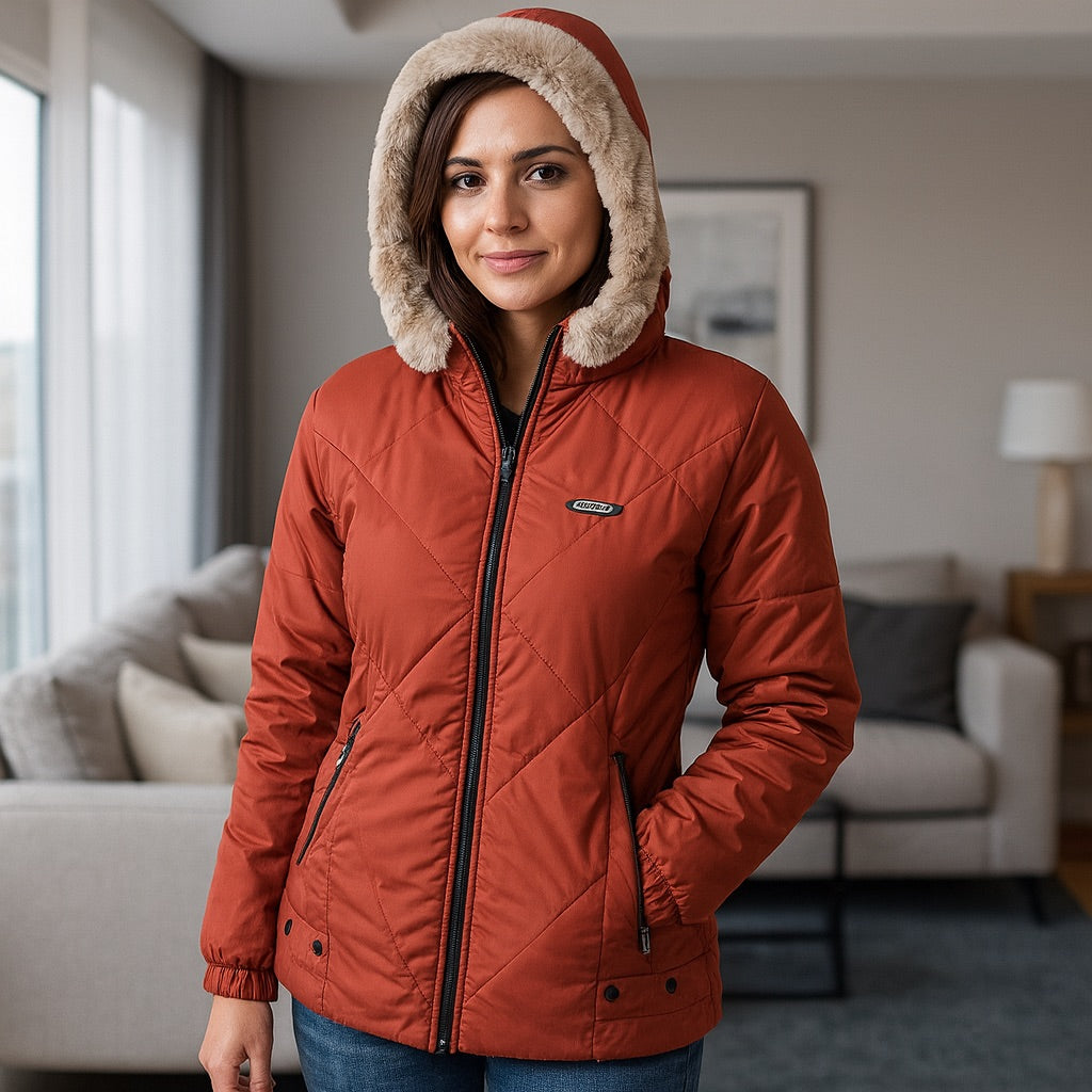 Chaqueta Impermeable para Mujer con capucha: Estilo y Seguridad en un Solo Diseño. Adhara Terracota
