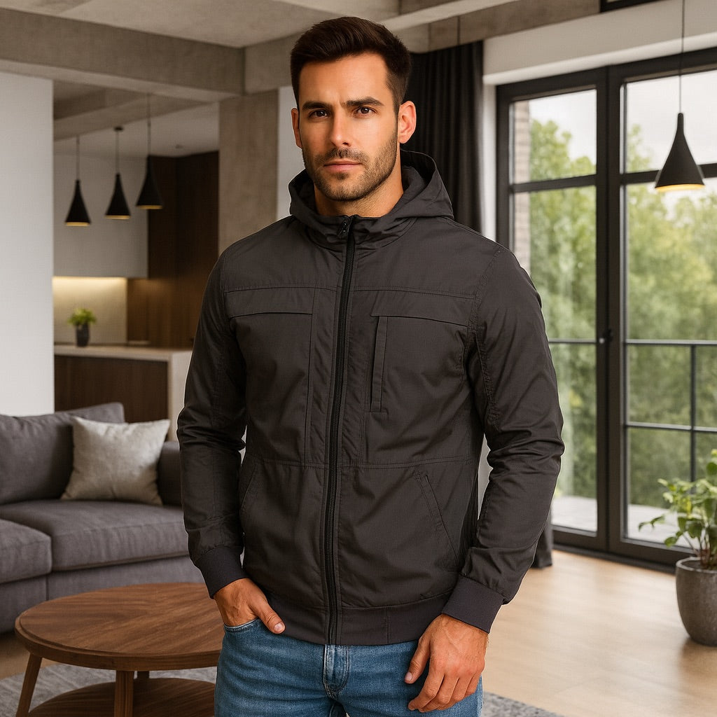 Chaqueta Impermeable para Hombre con Capucha Removible Bora Color Gris