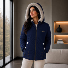 Cargar imagen en el visor de la galería, Chaqueta Doble Faz Semilarga para Mujer con Capucha y Pelo Largo | Referencia Estrella. Azul Oscuro