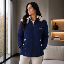 Cargar imagen en el visor de la galería, Chaqueta Doble Faz Semilarga para Mujer con Capucha y Pelo Largo | Referencia Estrella. Azul Oscuro