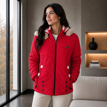 Cargar imagen en el visor de la galería, Chaqueta Doble Faz Semilarga para Mujer con Capucha y Pelo Largo | Referencia Estrella. Rojo