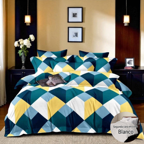 Edredón doble Faz Estampado/Unicolor más fundas y Cojines para Cama Doble