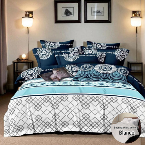Edredón doble Faz Estampado/Unicolor más fundas y Cojines para Cama Doble