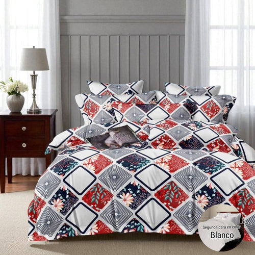 Edredón doble Faz Estampado/Unicolor más fundas y Cojines para Cama Doble