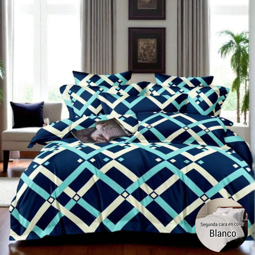 Edredón doble Faz Estampado/Unicolor más fundas y Cojines para Cama Doble