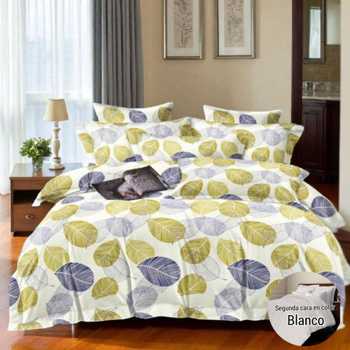 Edredón doble Faz Estampado/Unicolor más fundas y Cojines para Cama Doble