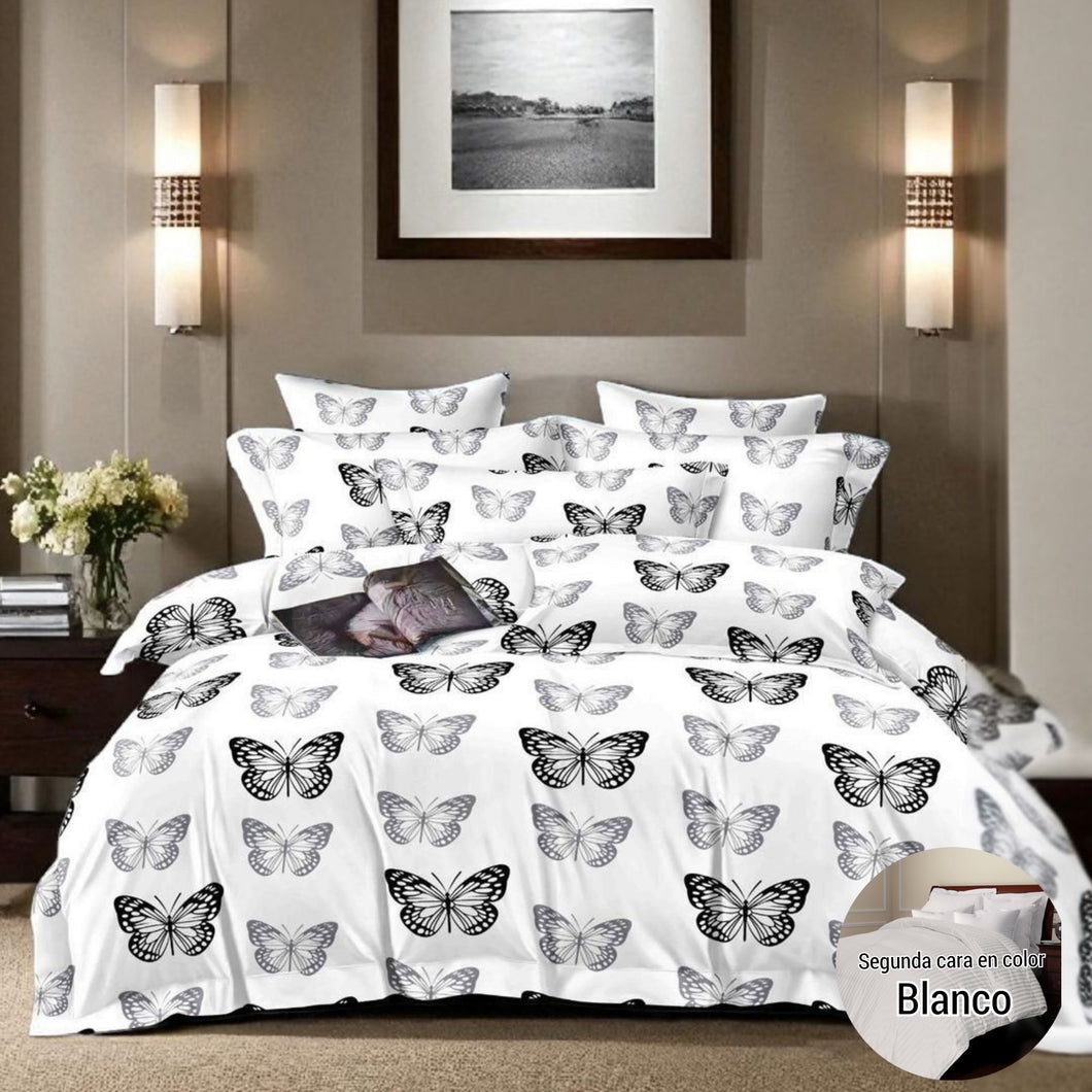 Edredón doble Faz Estampado/Unicolor más fundas y Cojines para Cama Doble