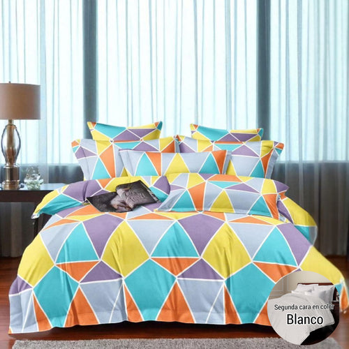 Edredón doble Faz Estampado/Unicolor más fundas y Cojines para Cama Doble