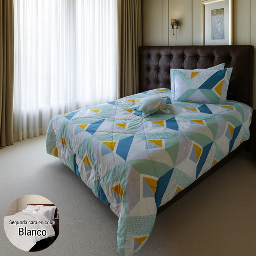 Edredón doble Faz Estampado/Unicolor más fundas y Cojines para Cama Doble