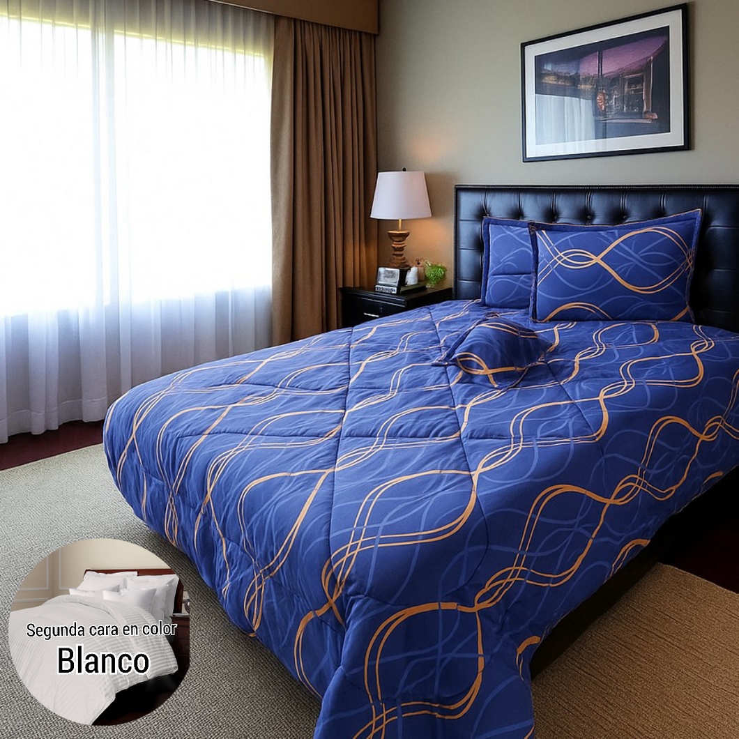 Edredón doble Faz Estampado/Unicolor más fundas y Cojines para Cama Doble