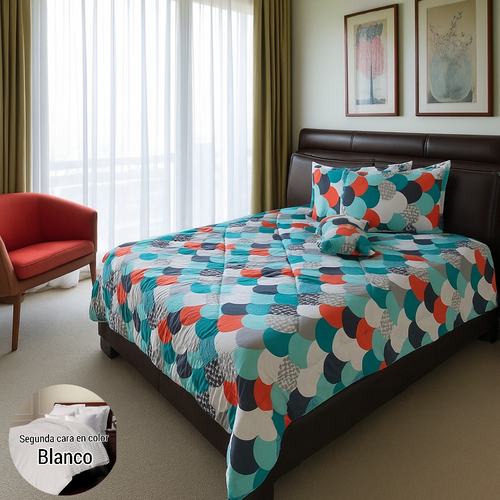Edredón doble Faz Estampado/Unicolor más fundas y Cojines para Cama Doble