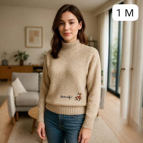 Buzo Tejido Beige con Cuello Alto y Bordado de Osito – Talla M | Remate Única Unidad