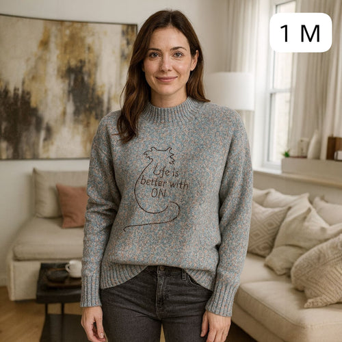 Buzo Tejido Azul Jaspeado con Diseño de Gato – Talla M | Remate Única Unidad