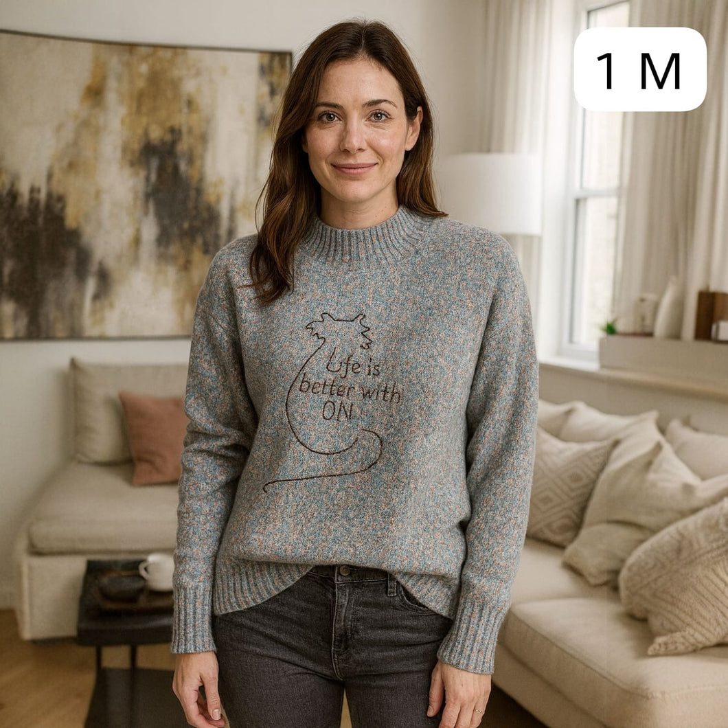 Buzo Tejido Azul Jaspeado con Diseño de Gato – Talla M | Remate Única Unidad