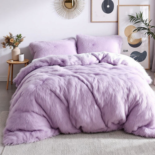 Edredón Grueso Pelo de Oso en Poliéster Tamaño Lilac Gris + Fundas