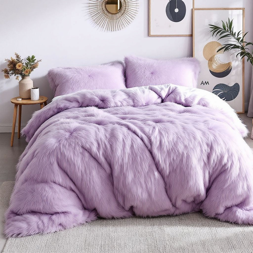 Edredón Grueso Pelo de Oso en Poliéster Tamaño Lilac Gris + Fundas