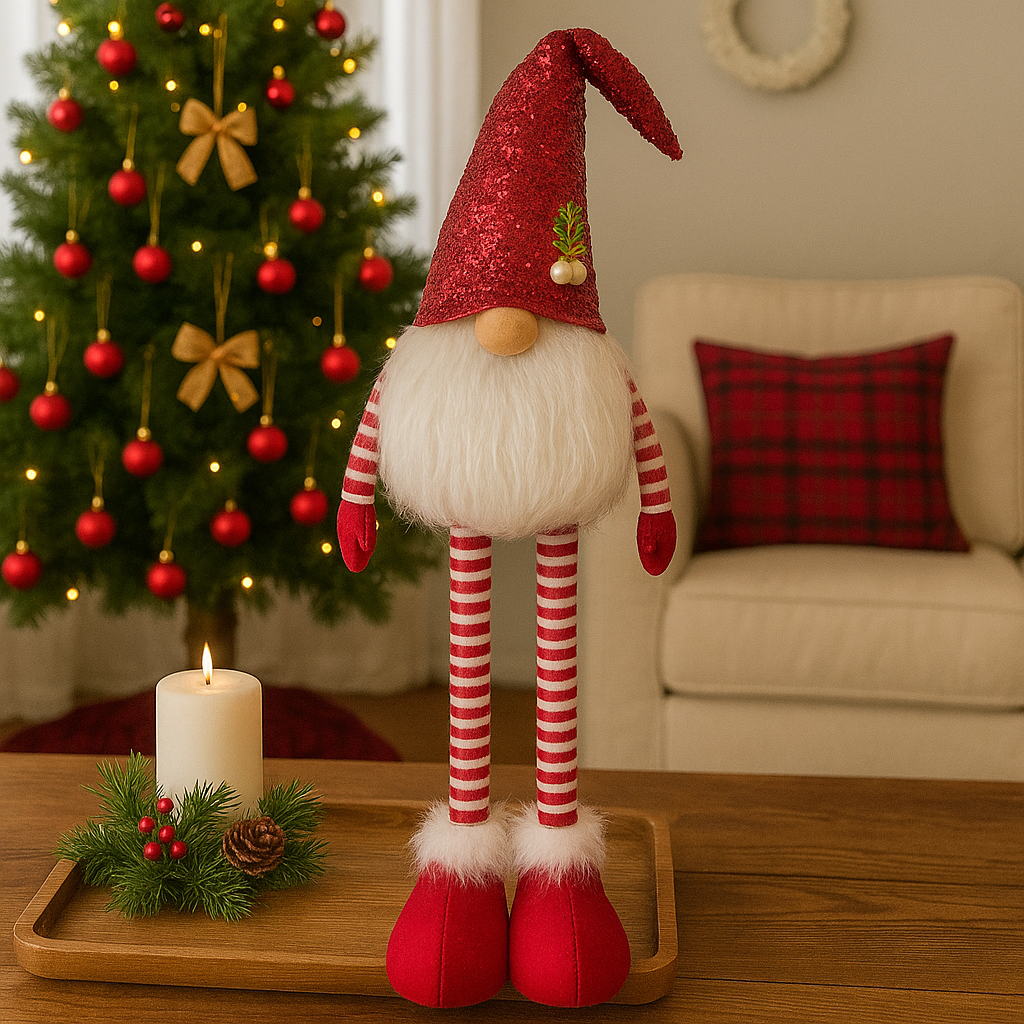 🎄 Muñeco Navideño Rojo Grande de Piernas Extensibles 48 – 70 cm – Color, Alegría, Brillo y Espíritu Navideño