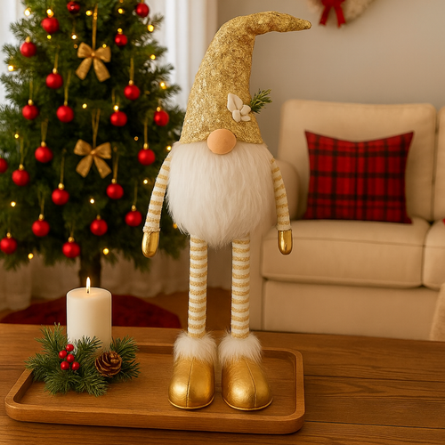 🎄 Muñeco Navideño Dorado Grande de Piernas Extensibles 48 – 70 cm – Brillo, Elegancia y Espíritu Festivo