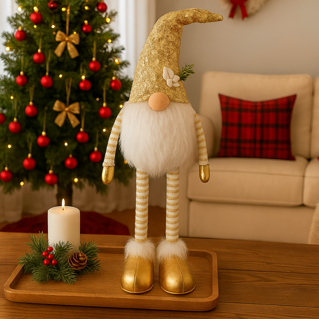 🎄 Muñeco Navideño Dorado Grande de Piernas Extensibles 48 – 70 cm – Brillo, Elegancia y Espíritu Festivo