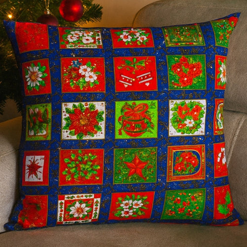 Cojín Grande Azul a Cuadros Motivo Navideño