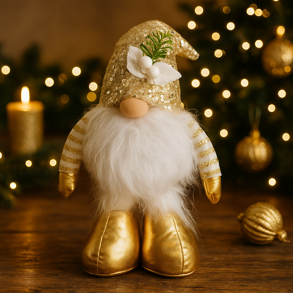 🎄 Muñeco Navideño Dorado de Piernas Extensibles 30 – 42 cm – Elegancia y Brillo Festivo