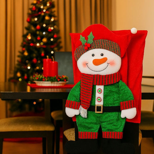 Espaldar de Silla Con Diseño Navideño Hombre de Nieve Satín